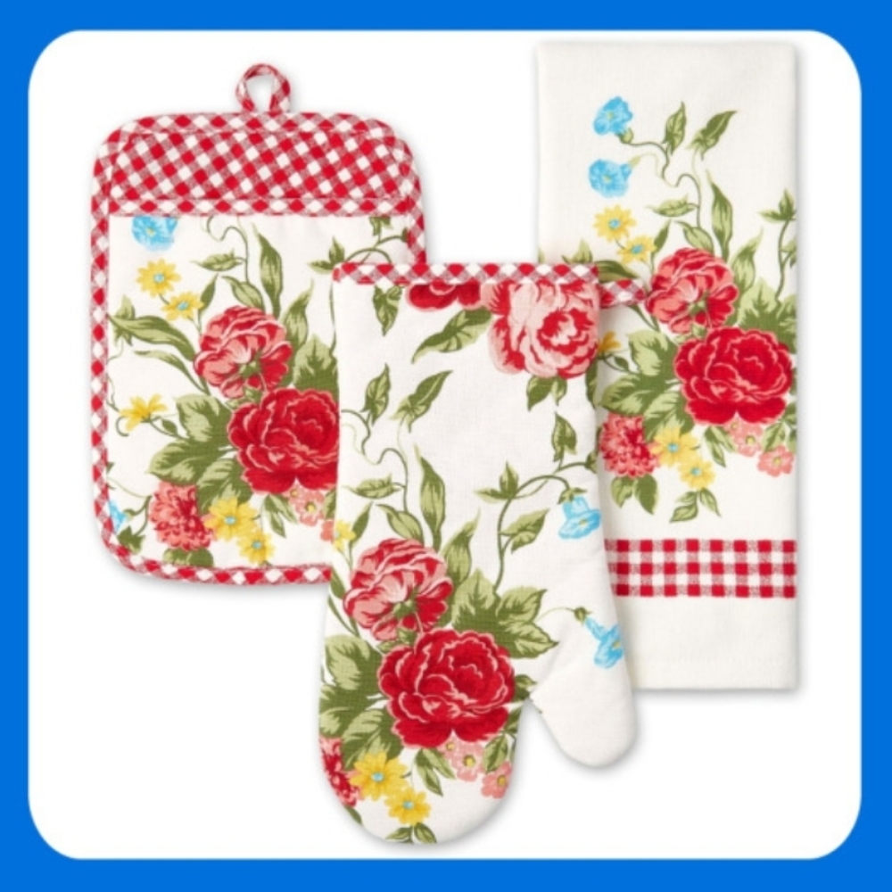 ❤️ New Pioneer Woman Sweet Rose Kitchen Towel Oven Mitt Pot Holder 3 Piece …